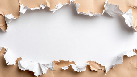 A close-up view of torn paper creating a unique frame around empty space. Ideal for showcasing text, designs, or advertisements in a creative way.の素材