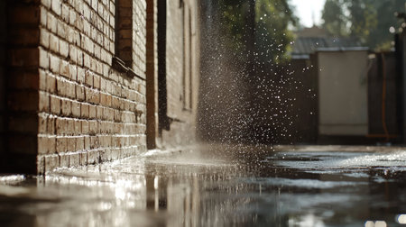 This captivating image captures raindrops splashing onto a wet pavement, with a brick wall in the background. It evokes tranquility and freshness on a rainy day.の素材