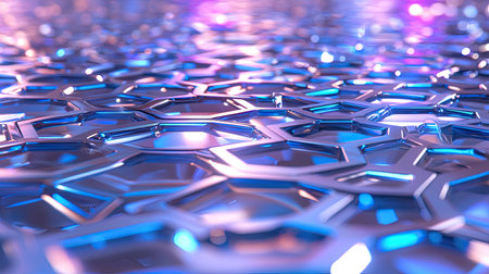 This visually striking abstract background features iridescent hexagonal shapes in vibrant shades of blue and purple. Perfect for digital projects.の素材