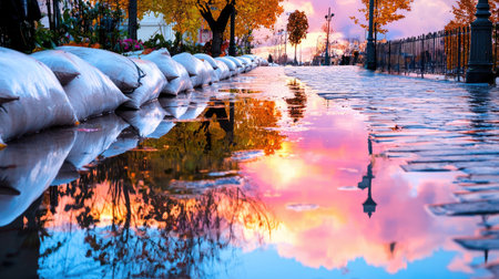 A stunning view of an urban park during autumn, showcasing vibrant colors reflected in a serene puddle at sunset. The scene captures nature's beauty.の素材