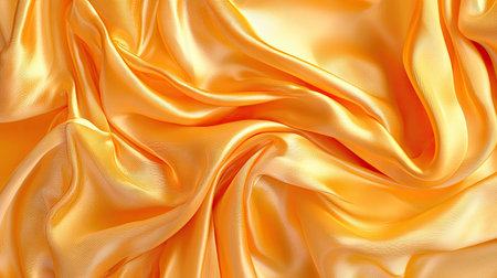 This image showcases smooth golden satin fabric, elegantly draping with soft wrinkles and light reflections, ideal for fashion, art, and design projects.の素材