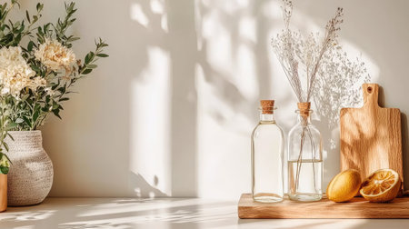 A bright and inviting table setup featuring glass bottles, a wooden cutting board, and fresh lemons. The interplay of sunlight and shadows creates a serene atmosphere.の素材