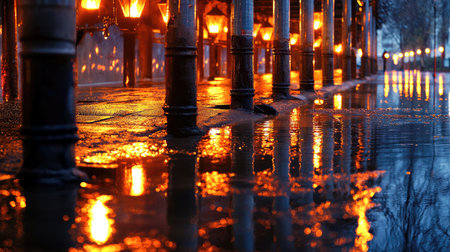 A captivating scene of glowing lanterns reflecting on a wet pavement during twilight, creating a serene and tranquil atmosphere in an urban setting.の素材
