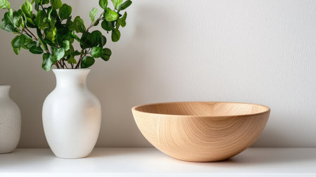 A stunning wooden bowl sits elegantly on a minimalist shelf, complemented by fresh greenery in a white vase. This image captures the essence of simplicity and natural beauty for sophisticated home decor.の素材