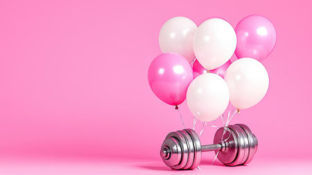 A playful scene featuring a dumbbell weighted down with colorful balloons against a pink background. Perfect for fitness promotions or joyful celebrations.の素材