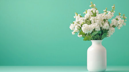 A stunning arrangement of white flowers in a sleek vase against a soft green backdrop, adding elegance and serenity to any space. Perfect for decor.の素材
