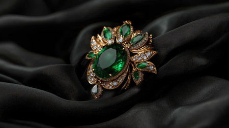 An exquisite emerald brooch features intricate designs with sparkling gemstones, elegantly placed on soft black fabric, showcasing luxury and timeless beauty.の素材