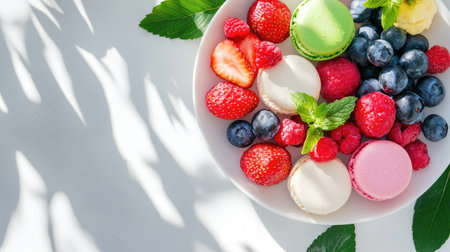 A vibrant plate of fresh fruits and colorful macarons garnished with mint leaves. Perfect for summer events, catering, or dessert displays.の素材