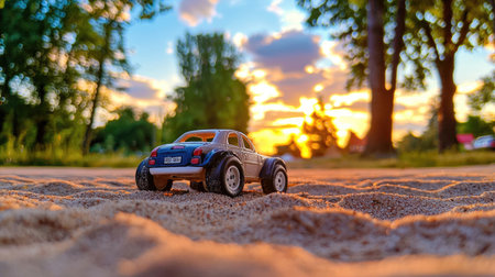 A vibrant image of a toy car on sandy ground during sunset, surrounded by lush trees. The warm colors evoke feelings of adventure and childhood joy.の素材