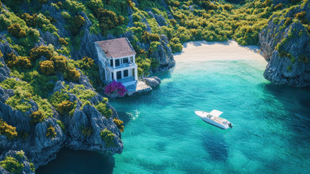 Discover a tranquil coastal scene featuring a charming house beside crystal blue waters, with a boat anchored nearby, surrounded by lush greenery and a sandy beach.の素材