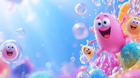 Explore a whimsical underwater world filled with colorful and cute characters joyfully floating among bubbles, radiating happiness and playfulness.の素材