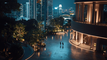 A couple enjoys a serene evening stroll through an urban landscape filled with vibrant city lights and contemporary skyscrapers, capturing a tranquil moment.の素材