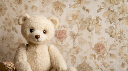 This charming vintage teddy bear sits against a delicate floral background, evoking feelings of nostalgia and warmth, perfect for childhood memories or decorative themes.の素材