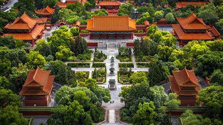 Aerial view of stunning traditional Asian architecture surrounded by lush trees and vibrant gardens, illustrating historical beauty and peaceful ambiance.の素材