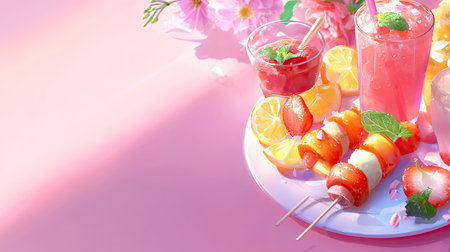 A vibrant summer scene featuring refreshing drinks and colorful fruit skewers. The pastel background sets a cheerful mood perfect for gatherings.の素材
