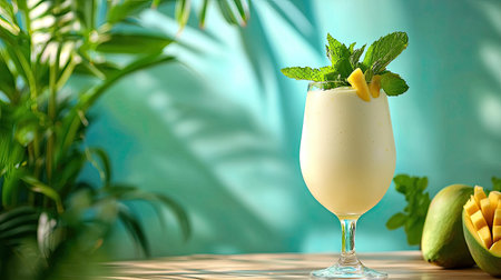 A refreshing tropical cocktail featuring creamy texture, fresh mint, and mango garnish. Ideal for summer parties or relaxing moments. Enjoy the vibrant flavors!の素材