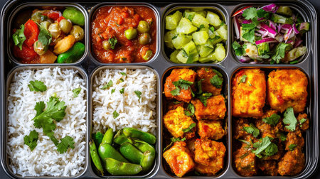 A vibrant Indian thali featuring rice, spiced paneer, and a variety of colorful vegetables. Perfect for showcasing authentic culinary traditions and flavors.の素材