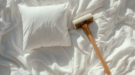 A tranquil scene featuring a soft white pillow and a wooden mallet placed on a white bedding background, perfect for showcasing comfort and minimalistic design.の素材