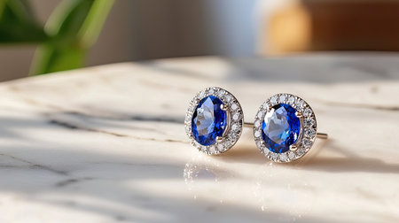Stunning blue gemstone earrings glisten under soft light on a marble surface, showcasing exquisite craftsmanship and elegant design, perfect for fashion lovers.の素材
