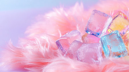 A vibrant arrangement of colorful ice cubes resting on a soft pink fur background, ideal for creative projects, designs, and aesthetic inspirations.の素材