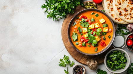 A vibrant vegetarian curry featuring fresh vegetables and spices, served in a wooden bowl. Perfect for meal prep or a delightful family dinner, this dish highlights colorful ingredients and rich flavors.の素材