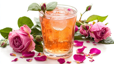 A beautiful glass featuring a rose-infused beverage garnished with fresh rose petals and leaves. Perfect for summer gatherings or elegant celebrations.の素材