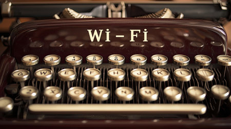 A close-up view of a vintage typewriter featuring the text "Wi-Fi," blending retro charm with modern technology for a unique artistic concept.の素材