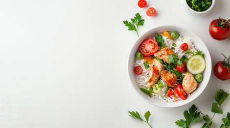 A fresh gourmet chicken bowl featuring tender chicken strips, colorful vegetables, herbs, and aromatic lime, perfect for a healthy meal option.の素材