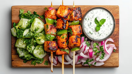 Enjoy a vibrant platter of grilled skewers with vegetables complemented by a mint yogurt dip. Perfect for summer gatherings or healthy meals.の素材
