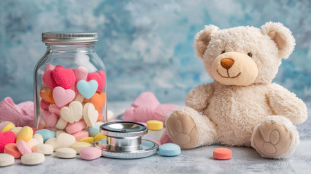 A charming teddy bear sits beside a jar filled with colorful heart-shaped candies and a stethoscope, creating a warm and playful scene perfect for themes of love and care.の素材