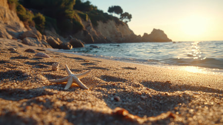 A starfish rests on a sandy beach as the sun sets, casting a warm glow over the calm ocean waves. This tranquil scene captures the beauty of nature and serenity.の素材