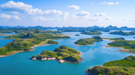 Experience the breathtaking beauty of tranquil islands amidst clear blue water under a serene sky, perfect for nature lovers and adventure seekers.の素材