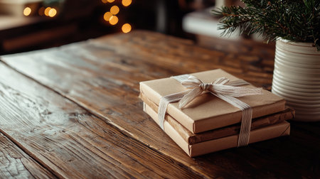 A serene scene featuring neatly wrapped Christmas presents tied with ribbon, set on a rustic wooden table, surrounded by soft lighting and pine accents, evoking holiday warmth.の素材
