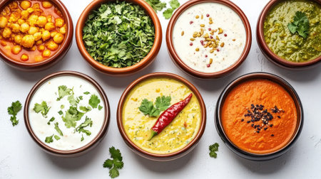 A vibrant array of Indian dips and sauces presented in rustic bowls, showcasing fresh herbs and spices, perfect for enhancing meals or snacks.の素材