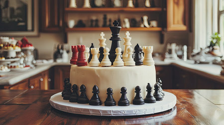 A beautifully crafted chess-themed cake featuring black and white pieces, perfect for game lovers. Set in a warm kitchen, this dessert is ideal for any celebration.の素材