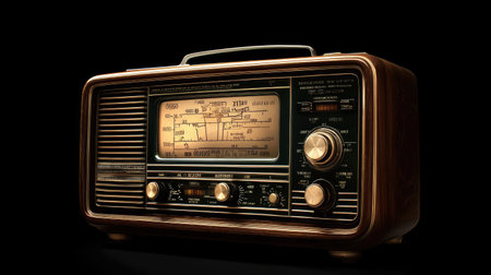This vintage radio showcases a unique analog tuner with a polished wood finish, capturing the essence of retro design and nostalgic audio experiences.の素材