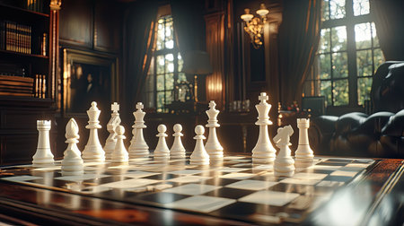 A captivating scene featuring a white chess set arranged on a classic wooden board in a luxurious library. Natural light enhances the serene ambiance, perfect for strategic thinking and relaxation.の素材