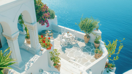 Beautiful terrace with stunning ocean view, surrounded by colorful flowers and inviting furniture. Ideal setting for relaxation and leisure in a Mediterranean paradise.の素材