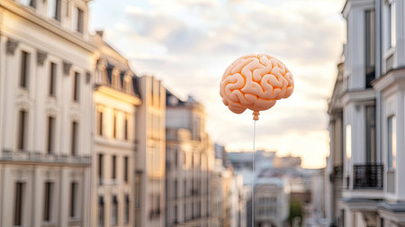 A surreal floating brain sculpture in an urban setting at sunset. The artwork symbolizes creativity and imagination against a beautiful city backdrop.の素材