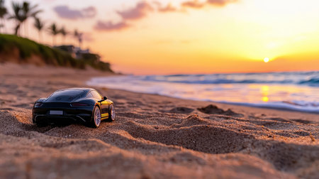 A stunning miniature car rests on the sandy beach, capturing the essence of relaxation at sunset. The gentle waves and vibrant sky create an idyllic scene.の素材