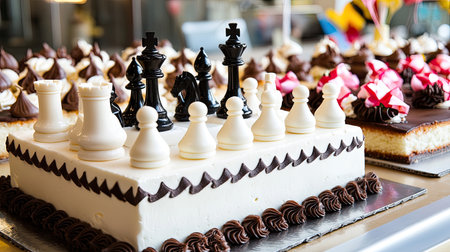 A stunning chess-themed cake featuring black and white pieces, perfect for any celebration or tournament. This unique dessert is a visual treat for chess lovers.の素材