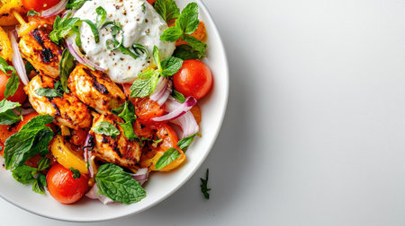 This colorful grilled chicken salad features vibrant vegetables, fresh herbs, and a creamy yogurt dressing, perfect for a healthy meal or summer gathering.の素材