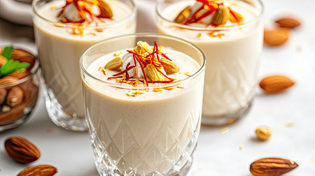 A delightful creamy dessert featuring saffron and almonds, served in elegant glasses. Perfect for festive occasions or special celebrations, this treat offers rich flavor and beautiful presentation.の素材
