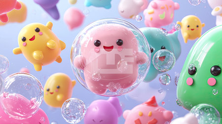 Playful cartoon characters in vibrant colors float in bubbles against a soft background, evoking a sense of joy and childlike wonder, perfect for creative projects.の素材