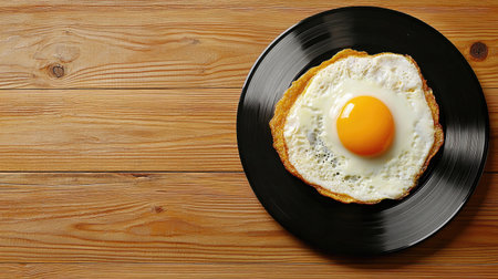 This artistic food presentation features a fried egg placed on a black plate that mimics a vinyl record, set against a rustic wooden table. Perfect for food enthusiasts!の素材