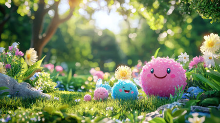 This enchanting image portrays adorable, colorful creatures in a vibrant garden filled with flowers and lush greenery, exuding joy and playfulness in a sunny scene.の素材