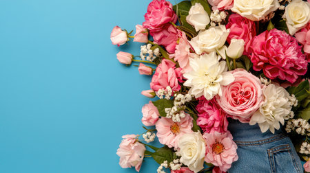 This vibrant floral arrangement features a mix of roses, peonies, and daisies against a bright blue denim background, perfect for celebrating spring and beauty.の素材