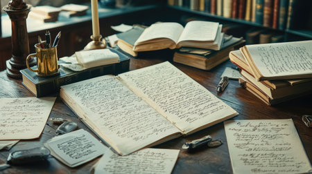 A vintage writing desk showcases handwritten manuscripts and various stationery items. The warm atmosphere invites creativity and inspiration for writers and scholars.の素材