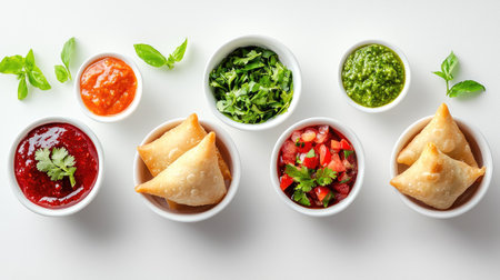A vibrant display of delicious samosas served with various fresh dips and herbs, perfect for appetizers or snacks at gatherings and celebrations.の素材