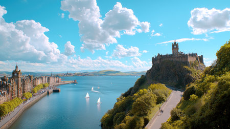 A breathtaking view of Edinburgh Castle perched on a hill, overlooking serene blue waters and dotted with sailboats, showcasing the beauty of Scotland's landscape.の素材